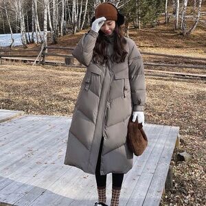 Luxury Long Taupe puffer coat with White Duck Down | Double 2way Zipper